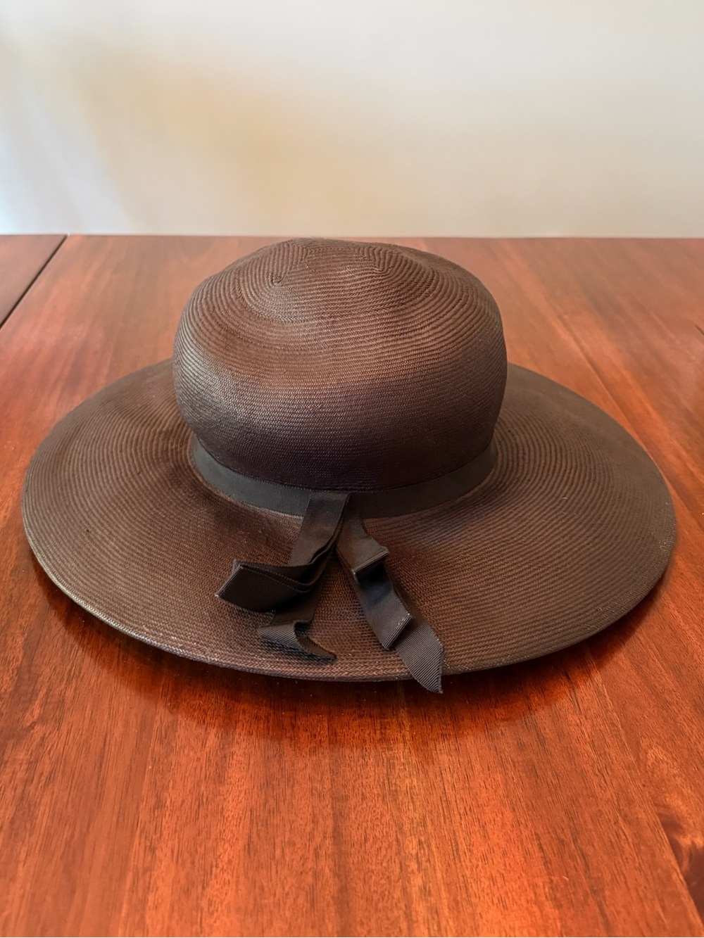 Vintage Miss Eileen Black Straw Hat Wide Brim 1970s Ribbon Derby Sun Hat
